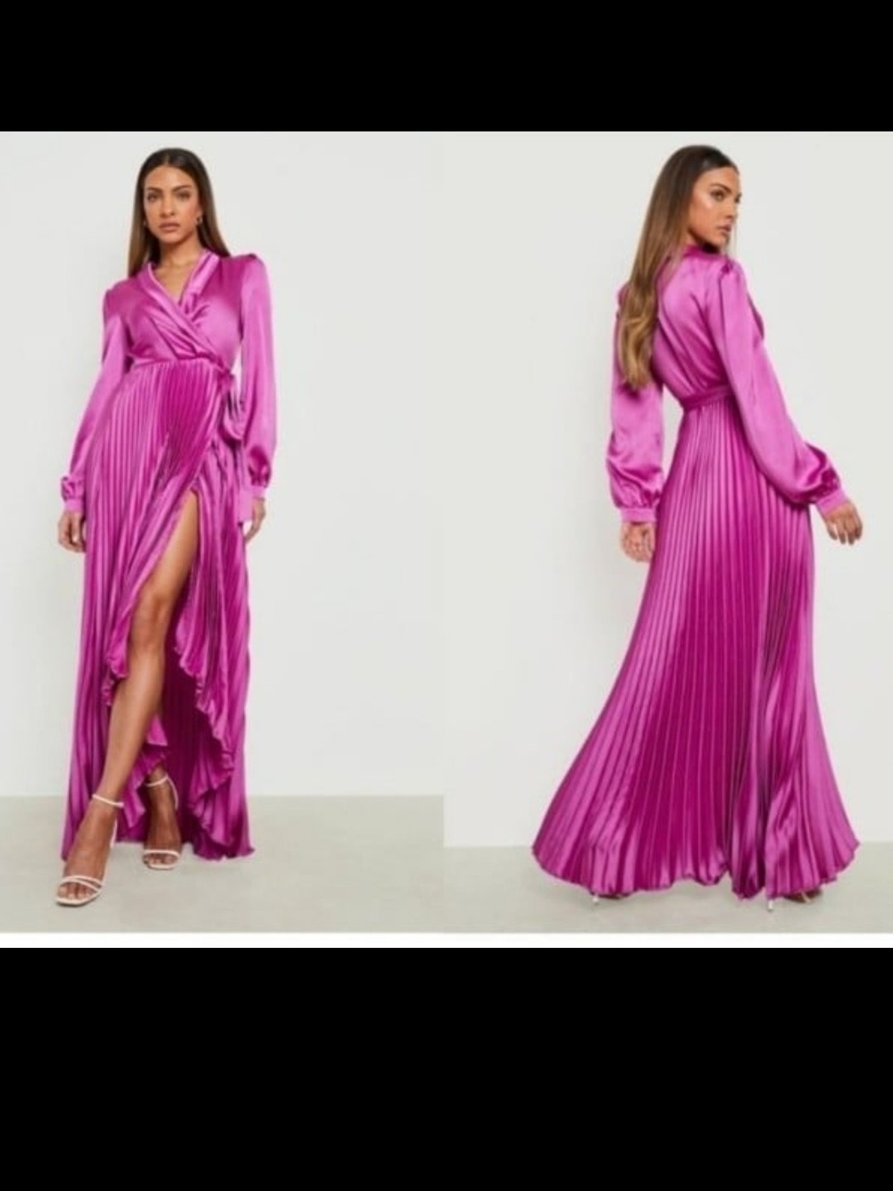 Boohoo Fuchsia Satin Pleated Wrap Maxi Dress